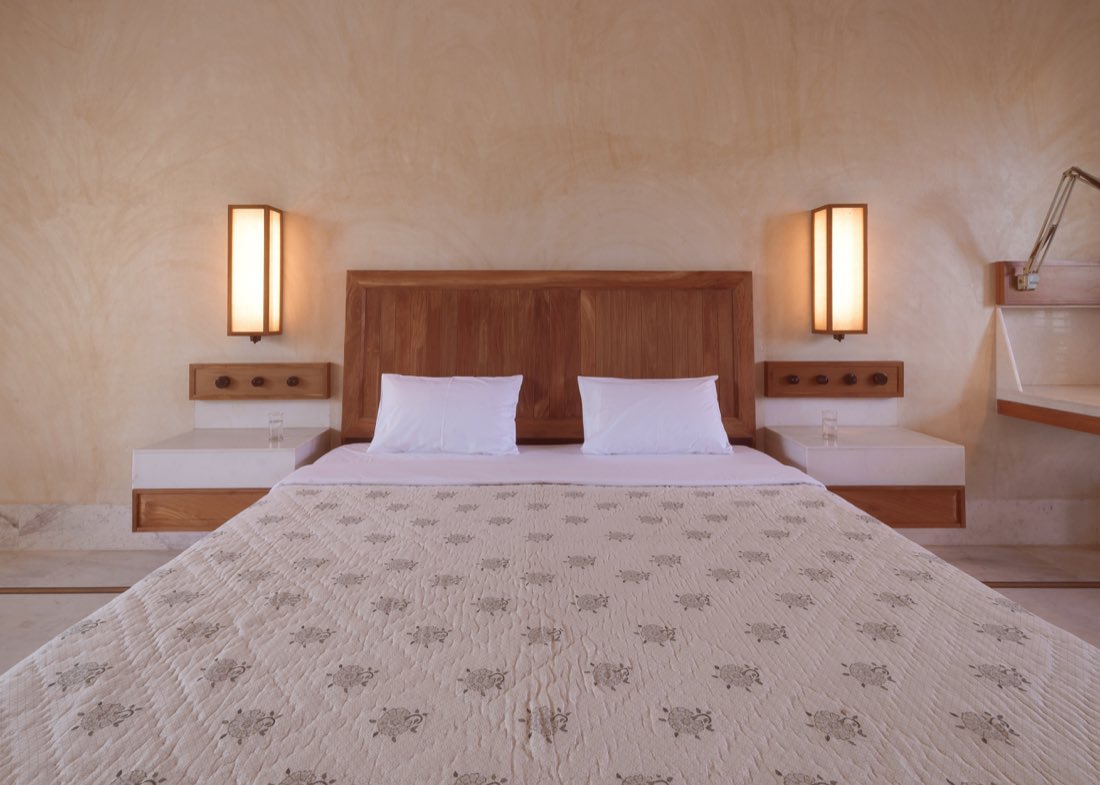 Teak headboard and lamps